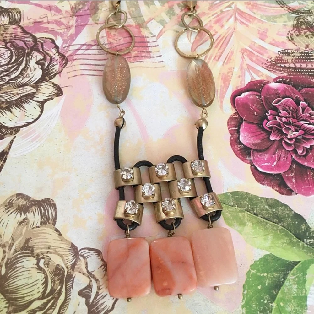 Coral Pink Three-Bead and Rhinestone, and Sparkly Statement Necklace